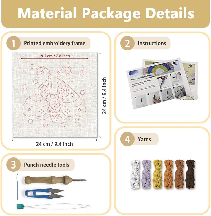 DOODLREAM Moth DIY Punch Needle Embroidery Kit for Adult Beginner, 9.4" Insect Animal Punch Stitching Craft Set for Starter with Frame, Fabric Pattern, Threader, Yarn, Pinch Needle - Image 2
